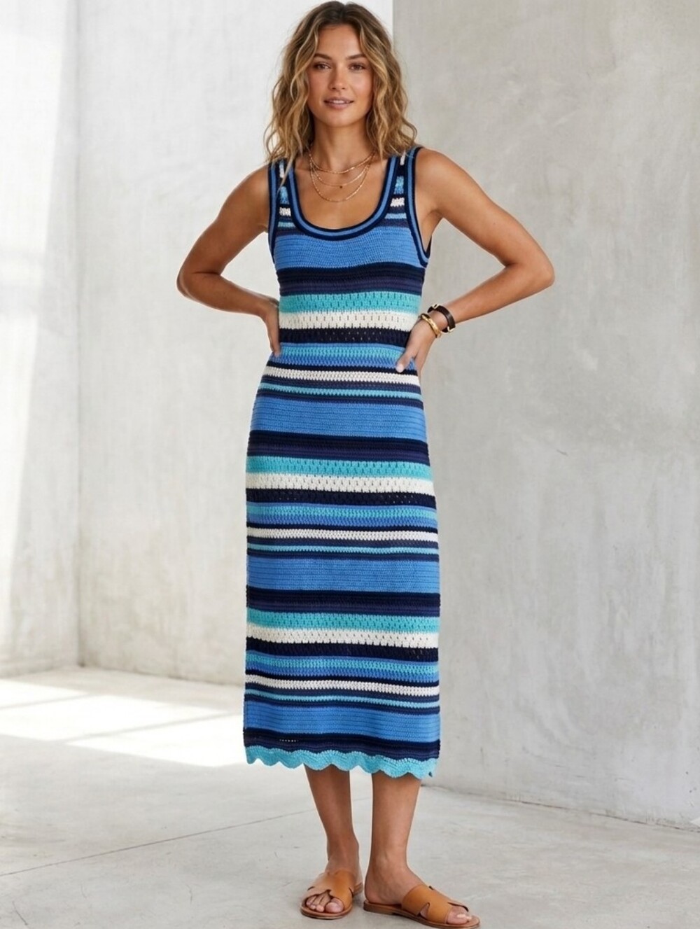 Haute Hippie Crochet Knit Striped Blue Midi Dress Size Small